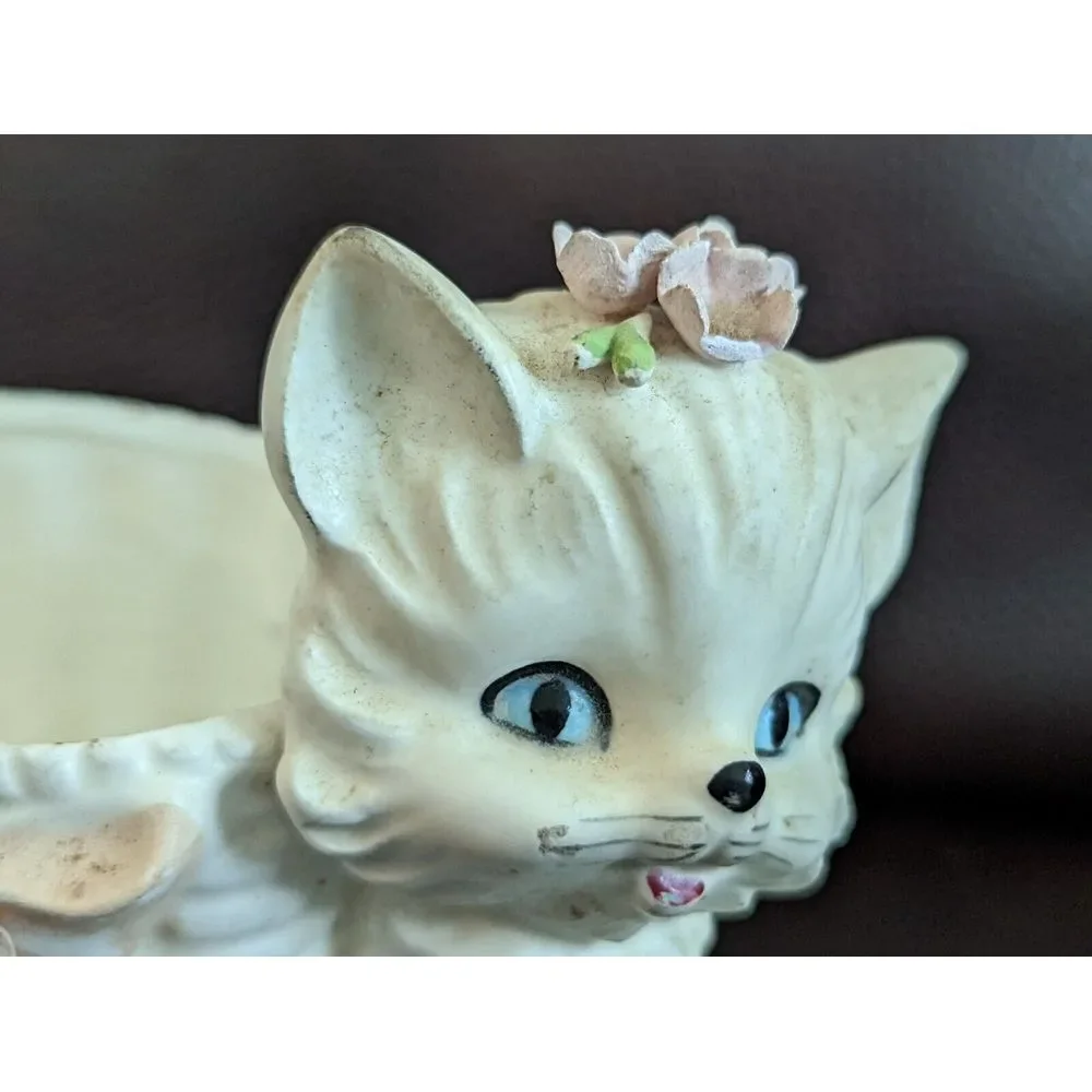 Vtg Lefton White Kitten Kitty Cat Planter Bow Blue Eyes Vase Anthropomorphic MCM